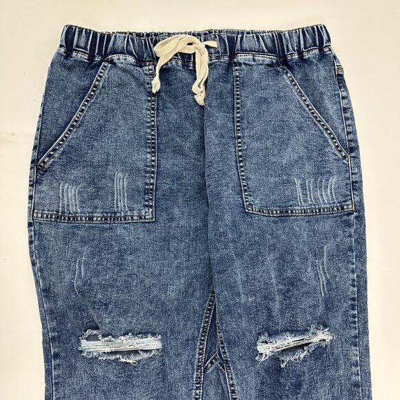 Unbranded Pull On Distressed Straight Drawstring Women's size L Blue Denim Jeans - Picture 2 of 4